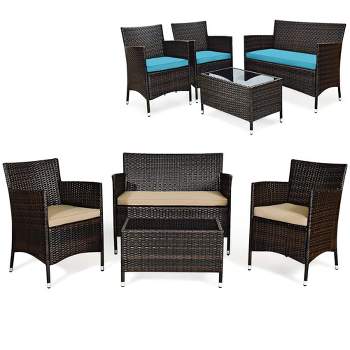 Costway 4PCS Patio Wicker Furniture Set Sofa Chair with Brown & Grey Cushion Covers Garden