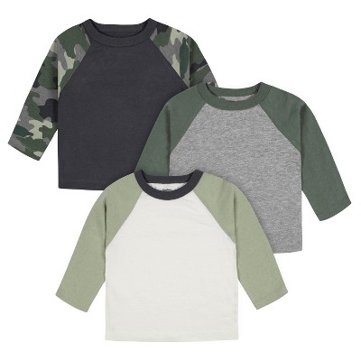 Image of Gerber Baby Boys' Long Sleeve Baseball Raglan Tees, Green & Gray, 3-6 Months, 3-Pack