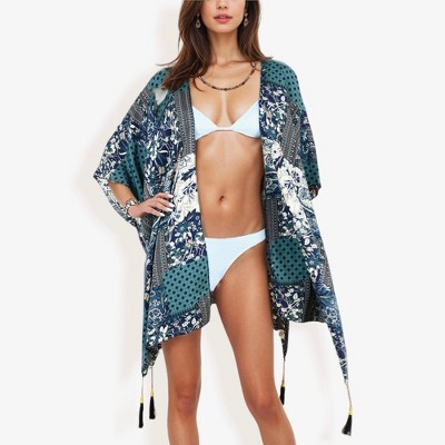 Anna-Kaci Swim Women's Floral Duster Style Cover-Up With Tassels Open Front