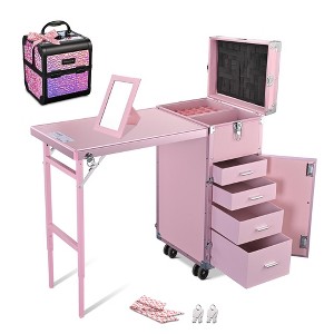 Byootique Rolling Nail Table Kit w/ Makeup Case Cosmetic Organizer Aluminum Pink - 1 of 4