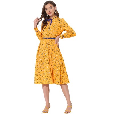 INSPIRE CHIC Women's Floral Keyhole Tie Neck Belted A-Line Midi Dresses
