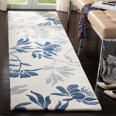 Ivory and Blue Floral Hand-Tufted Wool Runner Rug