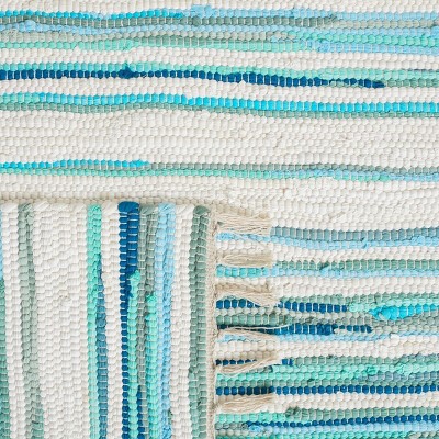 Ivory and Green Striped Flat-Woven Wool Cotton Runner Rug