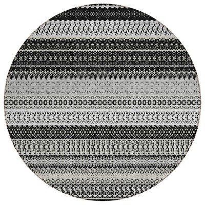 8' Black Round Striped Washable Indoor Outdoor Area Rug