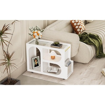 MAYEERTY 31.5x11.8x23.1 Modern Mobile End Table with Lockable Wheels for Living Room, White