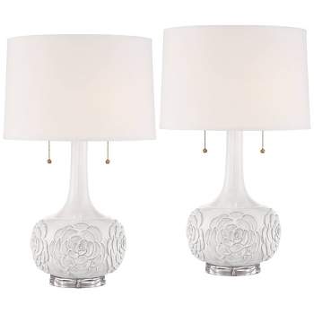 Possini Euro Design Natalia 27" Tall Modern Luxe Country Cottage Table Lamps Set of 2 Pull Chain White Floral Ceramic Living Room Bedroom Bedside