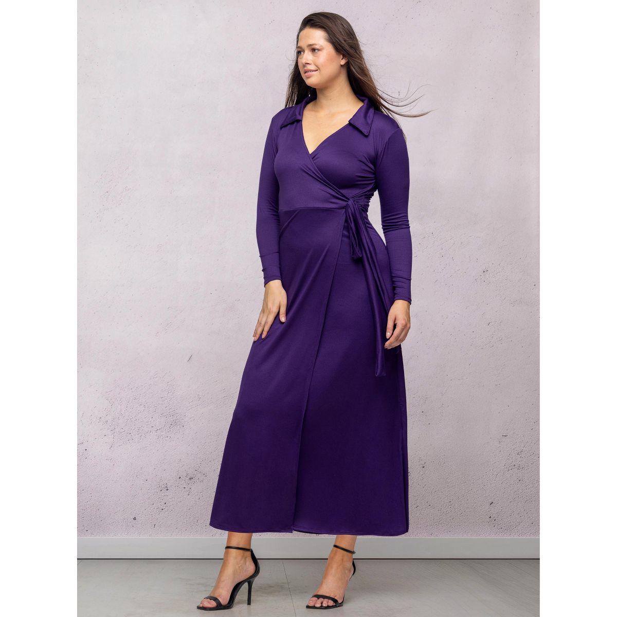 Womens V-Neck Long Sleeve Collared Wrap A-Line Maxi Dress - 24seven Comfort Apparel™ - thumbnail 6