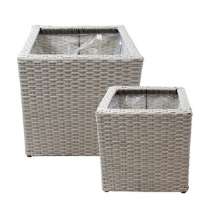 Sunnydaze Square Indoor Polyrattan Planters with Attached Clear Polypropylene Liner 14" Square x 11" H and 14" Square x 11" H - Gray 2-Piece - 1 of 4