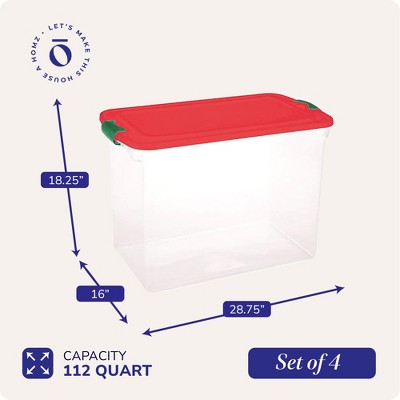 112 Quart Clear Plastic Stackable Holiday Storage Boxes with Red Lids, 4 Pack