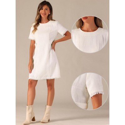 Женские платья INSPIRE CHIC Women's Tweed Round Neck Short Sleeves Work Elegant Casual A-line Midi Dress White Medium — фото 2