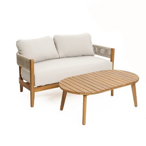 LuxenHome Outdoor Acacia Wood with Rope Sides Club Loveseat with Cushions and Coffee Table - 1 of 4