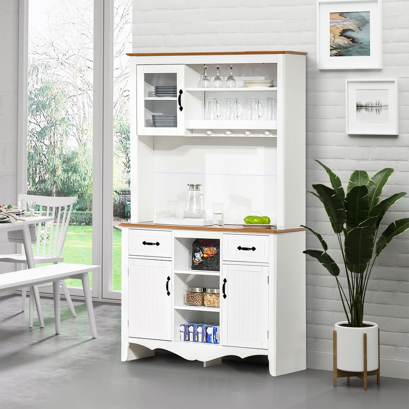 HOMCOM 71" Kitchen Buffet with Hutch, Farmhouse Style Storage Pantry with 2 Drawers, 3 Door Cabinets and 3 Shelves, White, 5 of 7