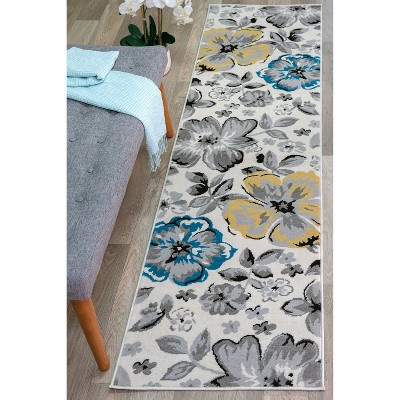 Cream Floral Synthetic Reversible Washable Area Rug