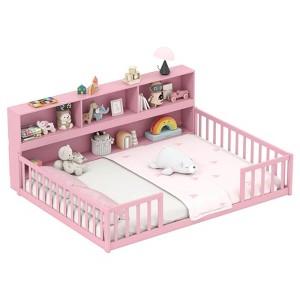 Costway Full Size Montessori Floor Bed with Bookcase Storage Shelves & Safety Fence Rails Pink/Natural/White/Gray - 1 of 4