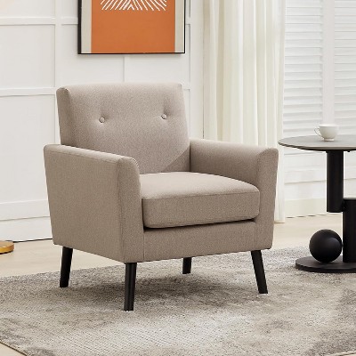 Mid-Century Modern Accent Chair – Linen Upholstery, 350LB Capacity & Hardwood Legs (Beige/Blue/Camel) for Living Room, Office, Bedroom