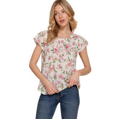 Slickblue Women's Floral Print Woven Tulip Sleeve Top, Round Neck Pleated Blouse - Blue/Ivory, Size S-L