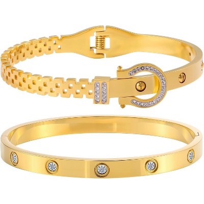 2PCS Gold Bracelets for Women Friendship & Love Theme Crystal Bangle Set Stainless Steel Non Tarnish Jewelry