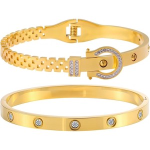 2PCS Gold Bracelets for Women Friendship & Love Theme Crystal Bangle Set Stainless Steel Non Tarnish Jewelry - 1 of 4