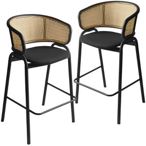LeisureMod Ervilla Wicker Bar Stool with Fabric Seat and Black Steel Frame Black Leather Set of 2 - 1 of 4