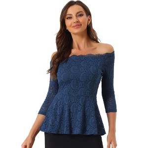 Allegra K Women's Elegant Lace Floral Semi Sheer 3/4 Sleeve Off Shoulder Peplum Top - 1 of 4