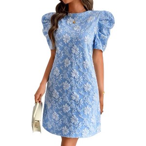 Women's Elegant Floral Jacquard Dress, Puff Sleeve Lightweight Shift Mini  Dresses for Summer Casual : Target