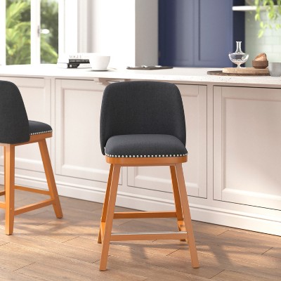 Set of 2 Charcoal Faux Linen Upholstered Counter Stools with Walnut Wood Frame