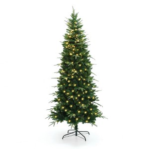 LuxenHome 6Ft Pre-Lit Green Slim Artificial Christmas Tree with 8 Light Functions - 1 of 4