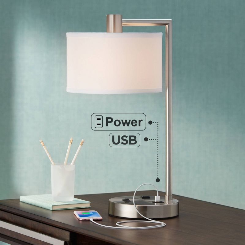 360 Lighting Colby Modern Desk Lamp 21" High Brushed Nickel with USB and AC Power Outlet in Base White Linen Drum Shade for Bedroom Living Room Office, 2 of 10