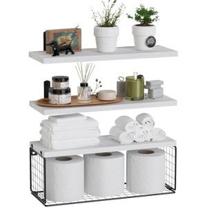 Angel Sar Bathroom Shelf Over Toilet, Floating Wall Mounted Shelf with Wire Basket, Wood Storage Organizer - 1 of 4