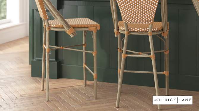 Merrick Lane Set of Two Indoor/Outdoor Stacking French Bistro Counter Stools with White and Gray Patterned Seats and Backs & Bamboo Finished Metal Frames, 2 of 12, play video