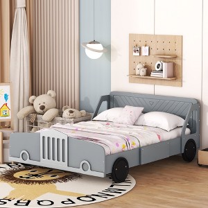 CAVINAS Twin/Full Size Car-Shaped Platform Bed with Wheels,Plywood Bed Frame for Kids Room,Bedroom - 1 of 4