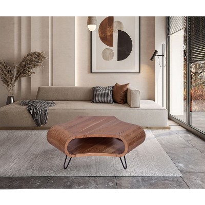 Royal Hampton 37 Inch Coffee Table, Handcrafted Curved Hexagon Shape with Open Shelf, Natural Brown Acacia Wood, Iron Legs