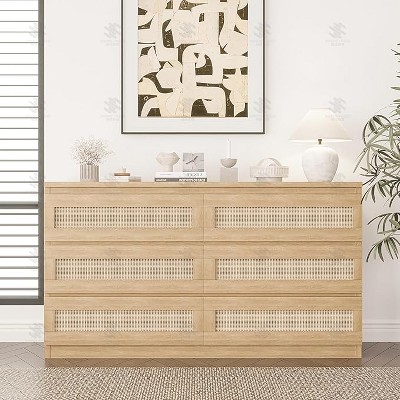 Modern Rattan 8-Drawer Dresser for Bedroom - Slim Wooden Chest of Drawers, Durable Freestanding Storage Organizer Cabinet