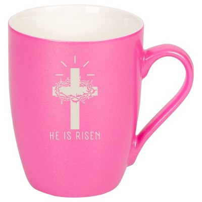 Elanze Designs He Is Risen Crown of Thorns Cross 10 Ounce Ceramic Laser-Etched Engraved Drinkware Mug, Metallic Princess Pink