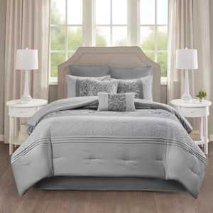 AENKYO Embroidered Comforter Set, King 8-Piece Transitional Bedding with Bedskirt & Shams, Neutral All-Season Collection - 1 of 4