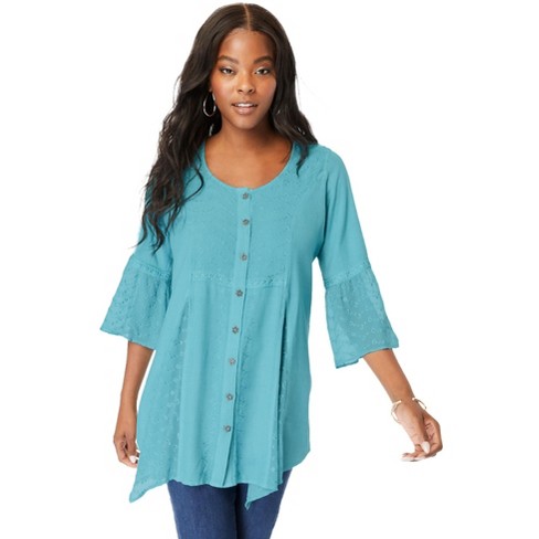 Roaman's Women's Plus Size Acid Wash Big Shirt - 36 W, Soft Turquoise ...