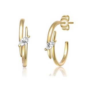 GuiliSterling Silver 14k Gold Plated Double Curve C-Hoop Earrings with Sparkling Cubic Zirconia – Elegant, Chic Design for Any Occasion - 1 of 2