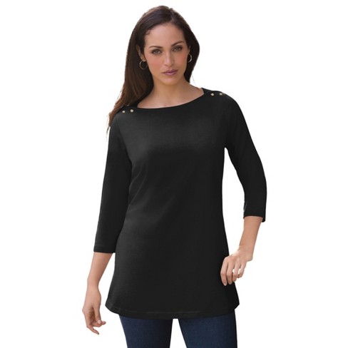 Jessica London Women's Plus Size Boatneck Tunic Top 3/4 Sleeve Shirt Loose  Fit - 30/32, Black