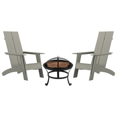Merrick Lane Outdoor Set with Modern Adirondack Rocking Chairs & Wood Burning Fire Pit, Poker & Spark Screen