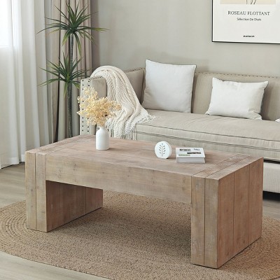 49'' Wood Rustic Farmhouse Coffee Table,Simple Design Modern Wood Coffee Table,Rectangle Wood Living Room Accent Coffee Table-Coolbibila