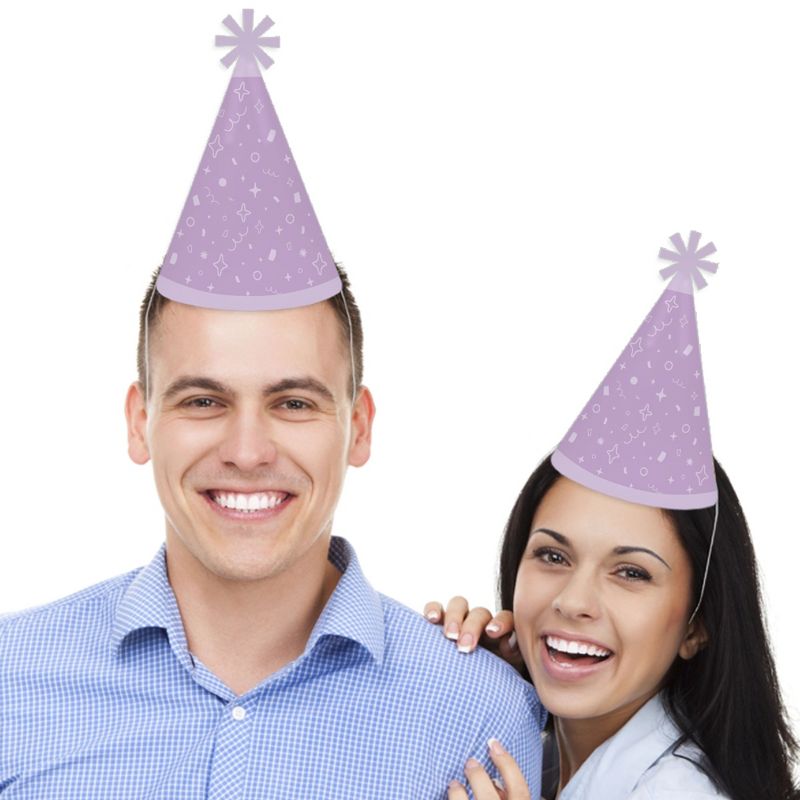 Big Dot of Happiness Purple Confetti Stars - Cone Happy Birthday Party Hats for Kids and Adults - Set of 8 (Standard Size), 2 of 8
