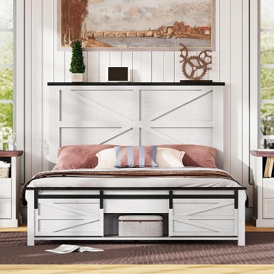 AMERLIFE Farmhouse Size Bed Frame with Sliding Barn Door Storage