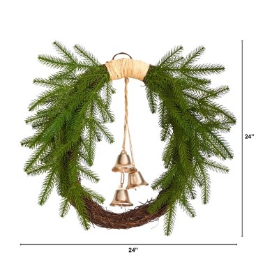 24" Green and Brown Pine Christmas Wreath with Bells