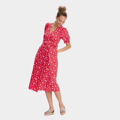 Женские платья Universal Thread Women's Puff Short Sleeve Midi Wrap Dress - Universal Thread™ Red Floral XS — фото 2