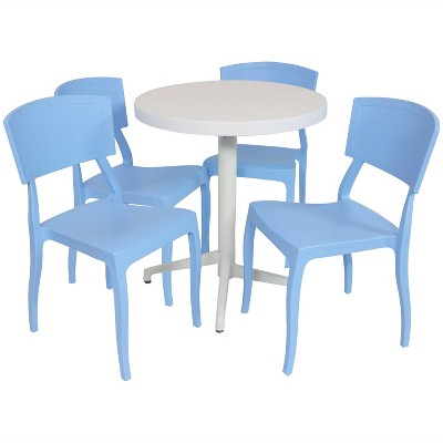 Sunnydaze All-Weather Commercial-Grade Elmott Indoor/Outdoor Patio Furniture Dining Set with Round Table with Folding Top, Light Blue and White, 5pc