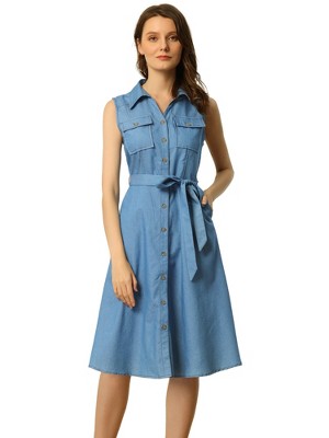 Allegra K Women's Chambray Tie Waist Button Front A-line Dress : Target