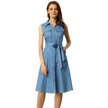 Agnes Orinda Women's Plus Size Belt Waist Ruffle Hem Chambray Shirt Dress  Light Blue 4X