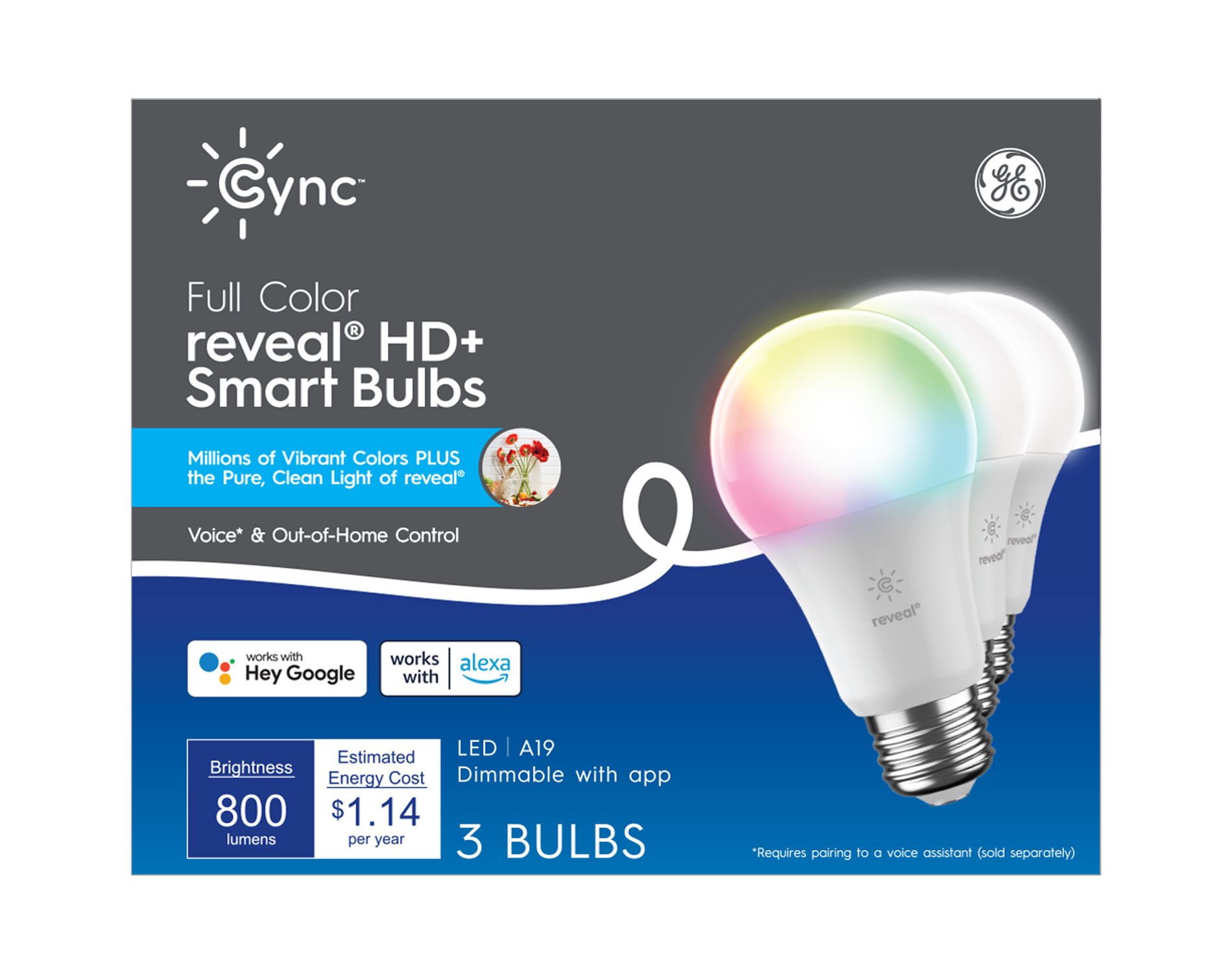 GE 3pk CYNC A19 Reveal Light Bulbs Full Color