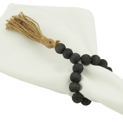 Black Mango Wood Bead Tassel Napkin Rings, Set of 4