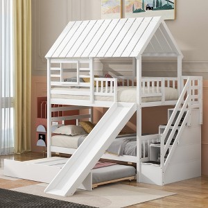 Twin Over Twin House Bunk Bed with Trundle and Slide - 1 of 4
